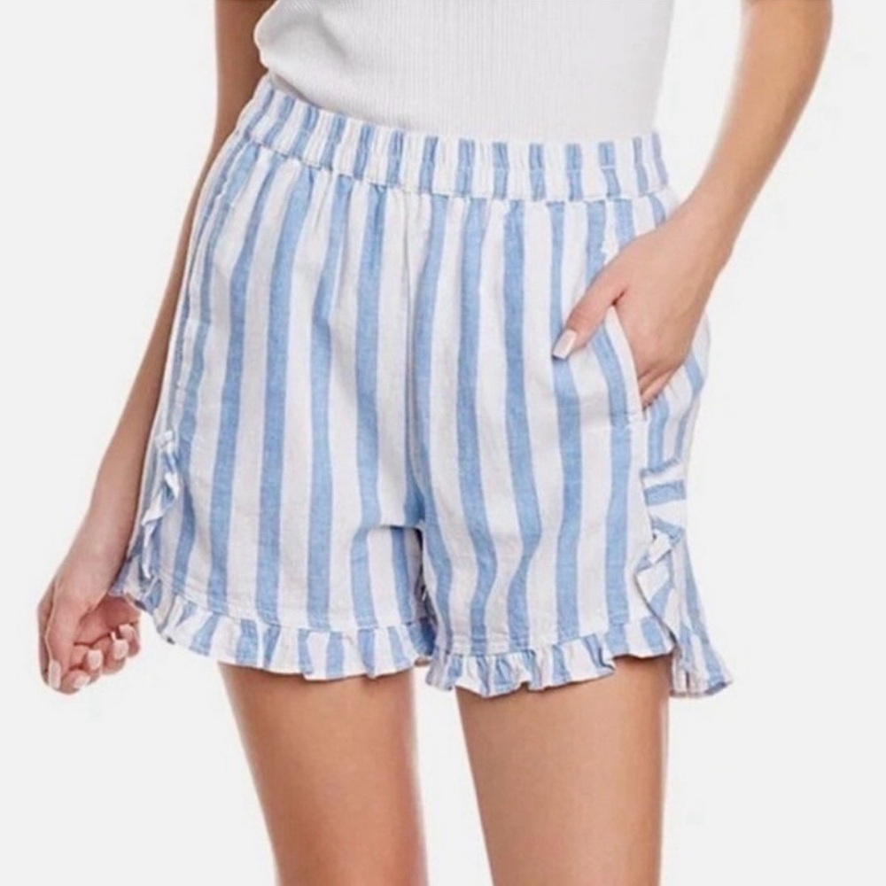 beachlunchlounge Striped Ruffle Hem Linen Shorts in Blue & White Size Large EUC